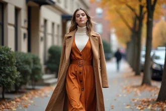 Femme portant une robe évasée terracotta superposée sur un col roulé crème, avec un manteau camel et des bottines, marchant sur un trottoir aux feuilles d'automne