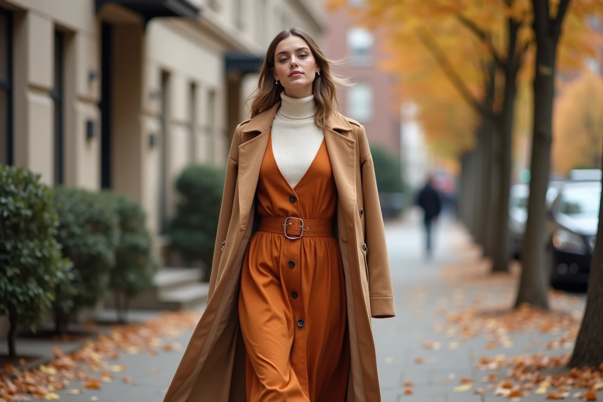 Femme portant une robe évasée terracotta superposée sur un col roulé crème, avec un manteau camel et des bottines, marchant sur un trottoir aux feuilles d'automne