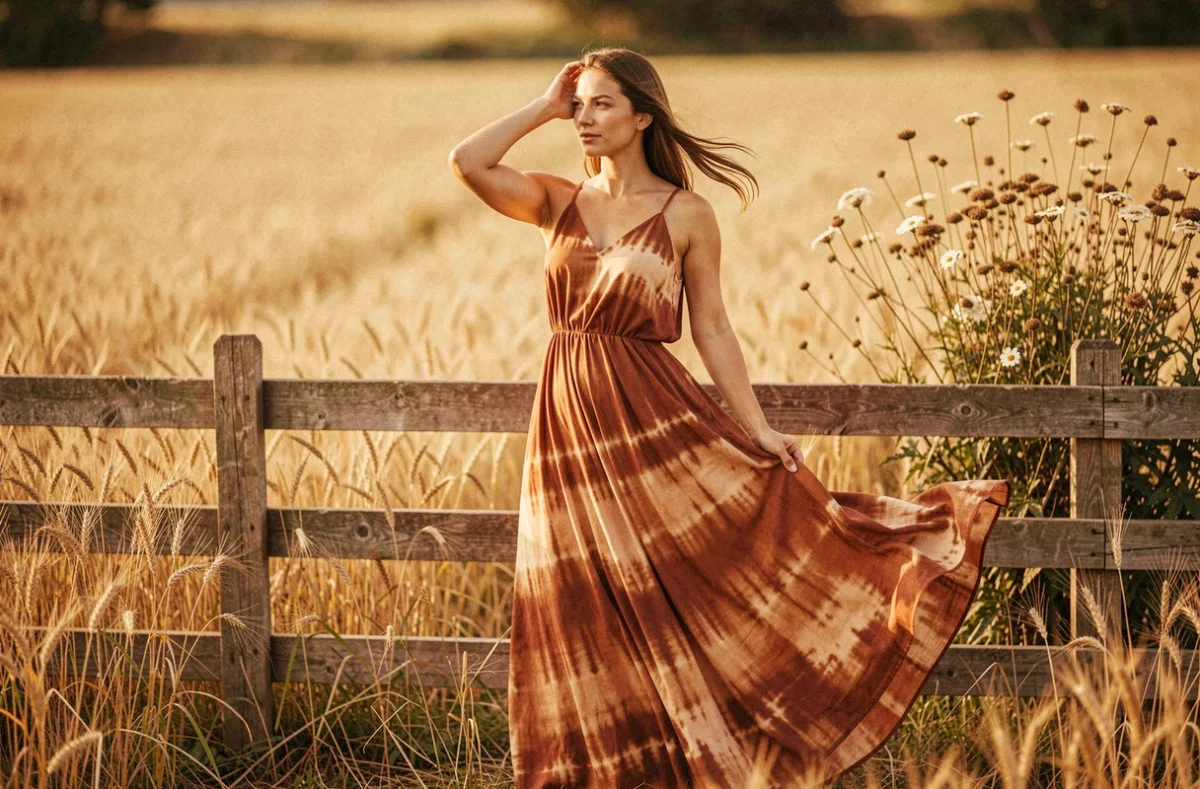 Femme en robe longue fluide en tons coordonnés terracotta et rouille dans un champ de blé doré