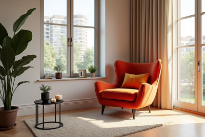 Salon moderne avec fauteuil design coloré tendance 2025