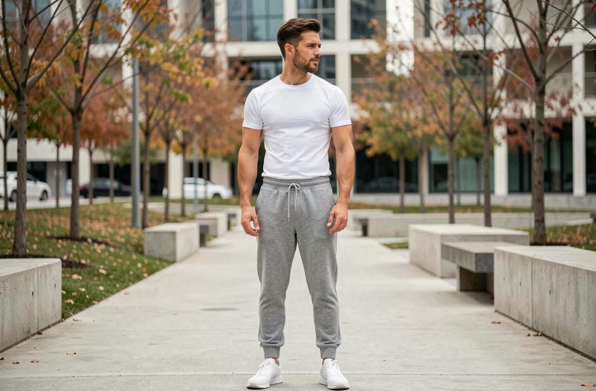 Homme portant un sarouel jogging gris chiné à coupe droite dans un cadre urbain moderne
