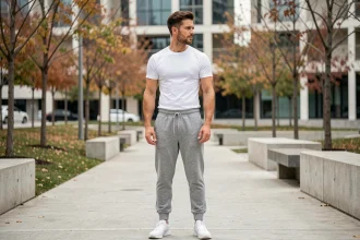 Homme portant un sarouel jogging gris chiné à coupe droite dans un cadre urbain moderne