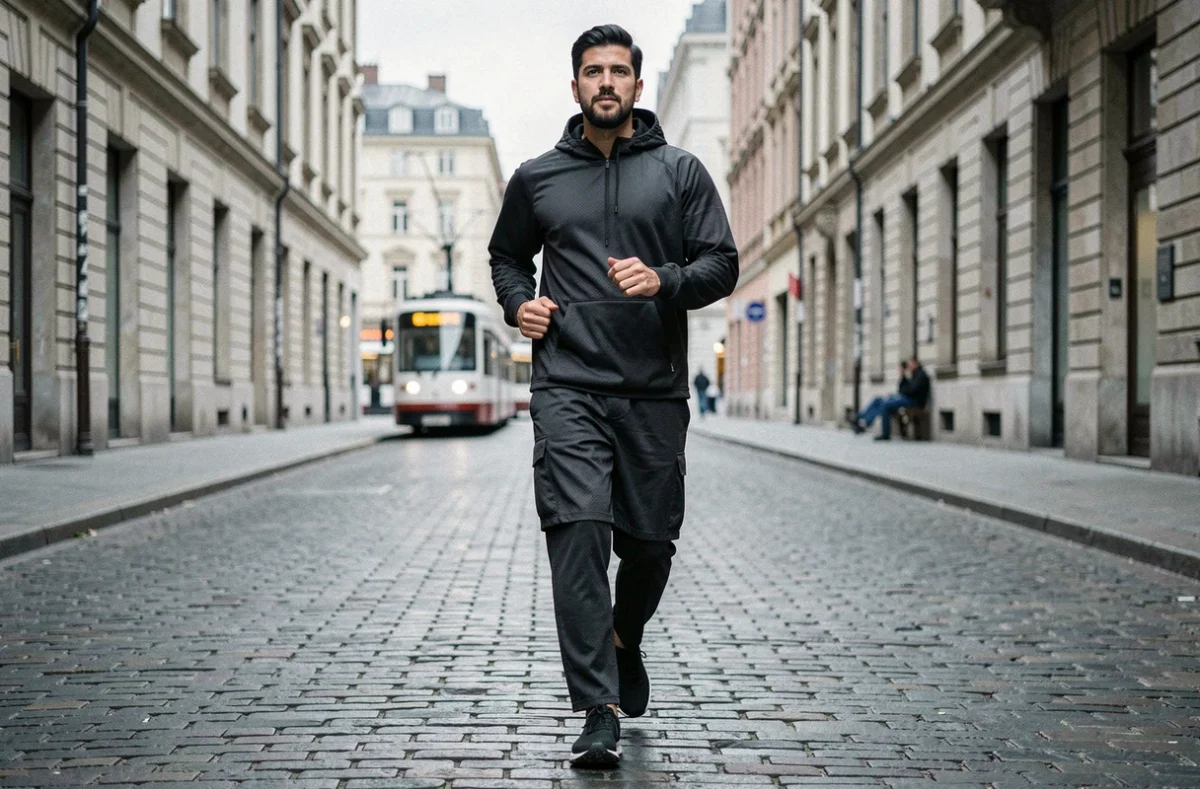 Homme en mouvement portant un sarouel jogging noir en ripstop dans une rue pavée européenne