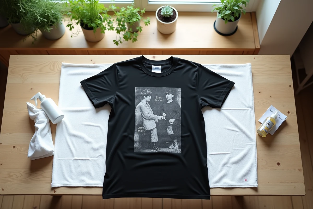 T-shirt noir avec imprimé graphique séchant à plat sur une serviette blanche après lavage délicat