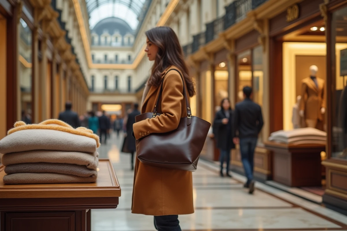 Femme élégante faisant du shopping dans un grand magasin parisien ouvert le dimanche, entourée de vêtements haut de gamme et d'une architecture haussmannienne dorée