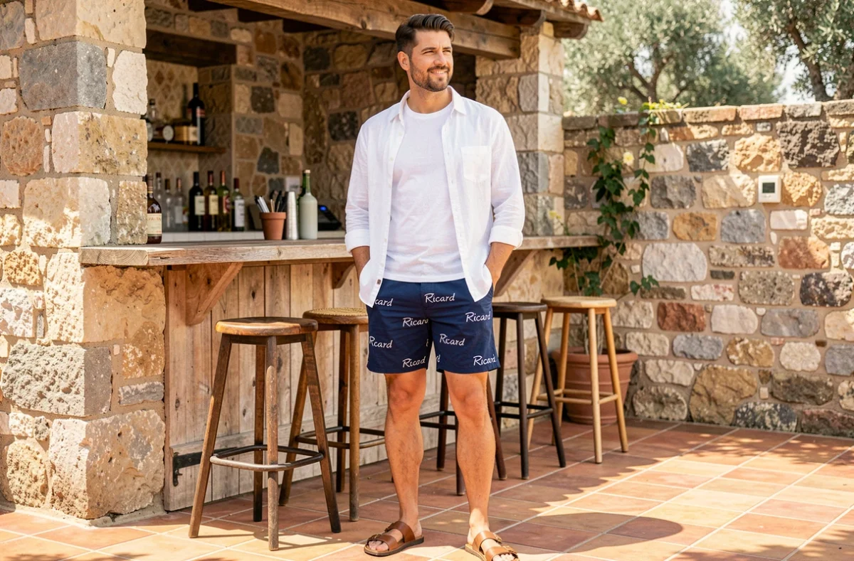 Homme en short de bain Ricard associé à une chemise en lin blanche et sandales en cuir sur une terrasse méditerranéenne