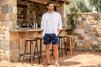 Homme en short de bain Ricard associé à une chemise en lin blanche et sandales en cuir sur une terrasse méditerranéenne