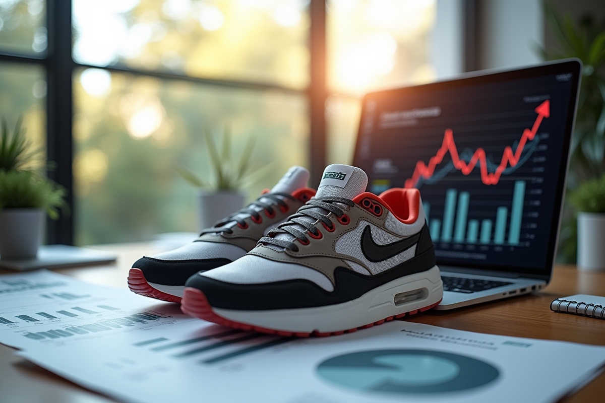 Paired de sneakers limité edition sur un bureau avec graphiques