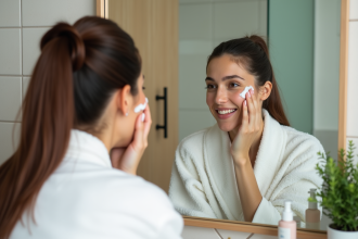Femme appliquant une creme visage dans sa salle de bain lumineuse
