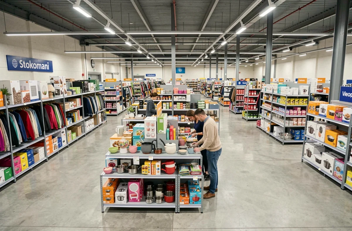 Vue intérieure du Stokomani de Toulouse avec ses vastes rayons de produits déstockés et un couple de clients