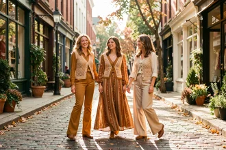 Trois femmes en tenues hippie années 70 avec pantalons flare, robes longues et gilets en crochet dans des tons terre