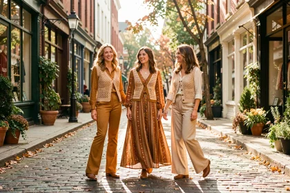 Trois femmes en tenues hippie années 70 avec pantalons flare, robes longues et gilets en crochet dans des tons terre
