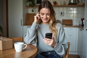 Femme consultant son espace habillement La Poste sur smartphone pour suivre la livraison de sa commande vestimentaire