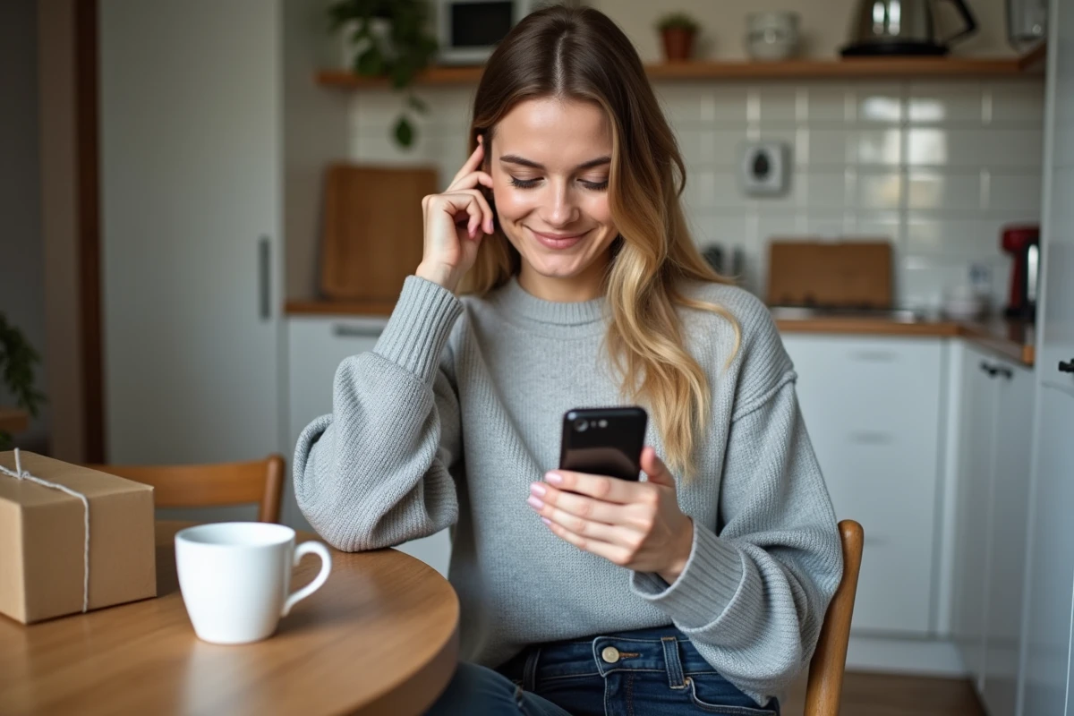 Femme consultant son espace habillement La Poste sur smartphone pour suivre la livraison de sa commande vestimentaire