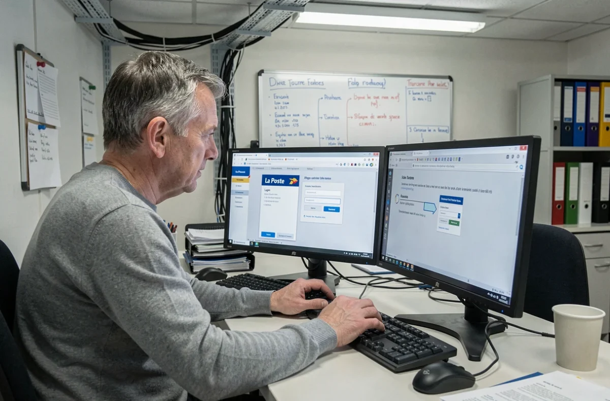 Technicien informatique aidant un employé La Poste à résoudre un problème d'accès à MonEspaceHabillement