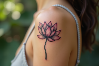 Détail d'un tatouage lotus sur l'avant bras d'une femme