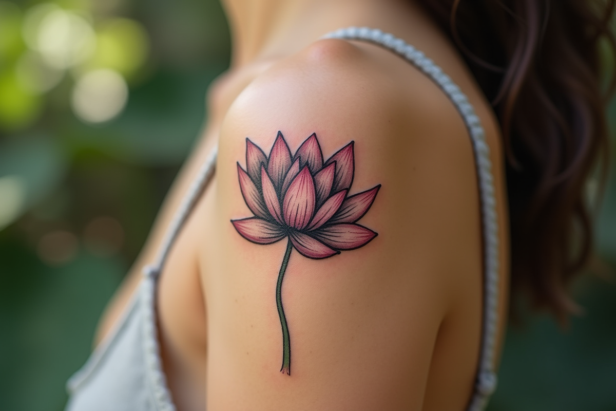 Détail d'un tatouage lotus sur l'avant bras d'une femme