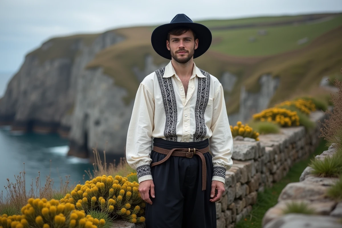 Homme en costume traditionnel breton avec chapeau et chemise brodée devant les falaises de la côte bretonne