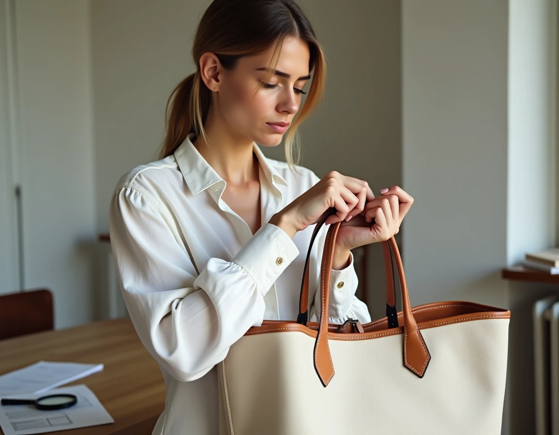 Femme examinant les coutures d'un sac Neverfull Louis Vuitton pour en vérifier l'authenticité