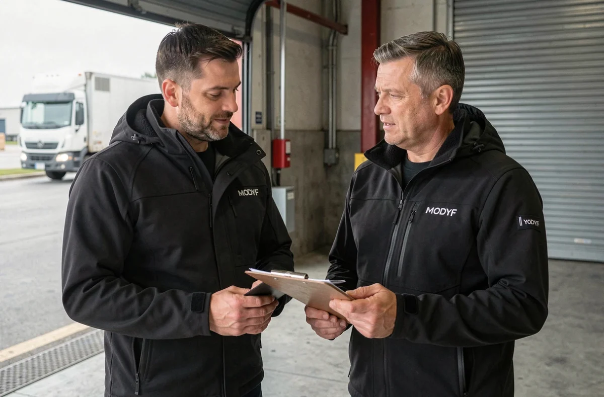 Deux travailleurs logistiques en veste softshell coupe-vent Modyf discutant près d'un quai de chargement