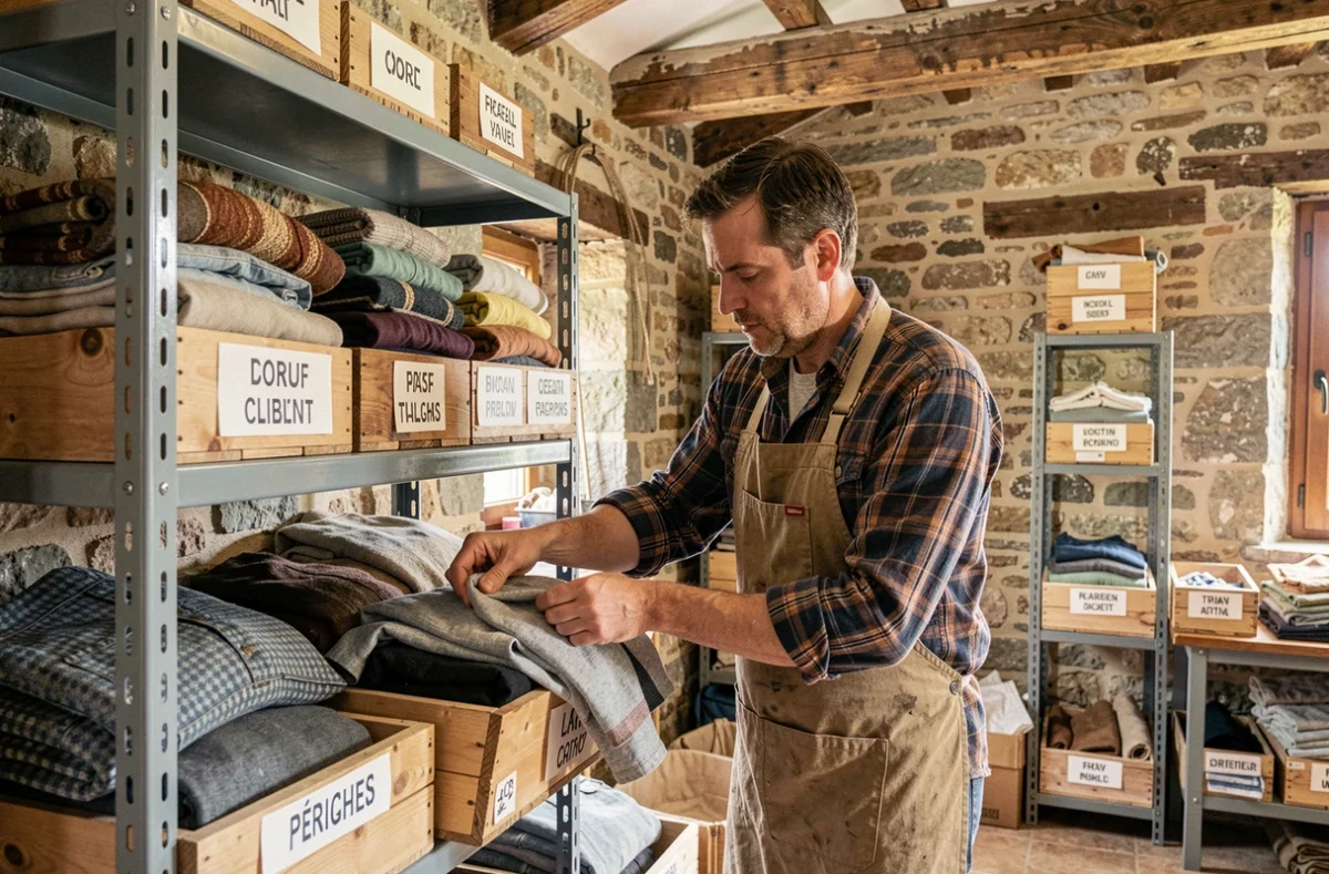 Espace de recyclerie textile Le Tri-Cycle Enchanté à Bourdeilles avec un homme triant des vêtements dans des caisses en bois étiquetées