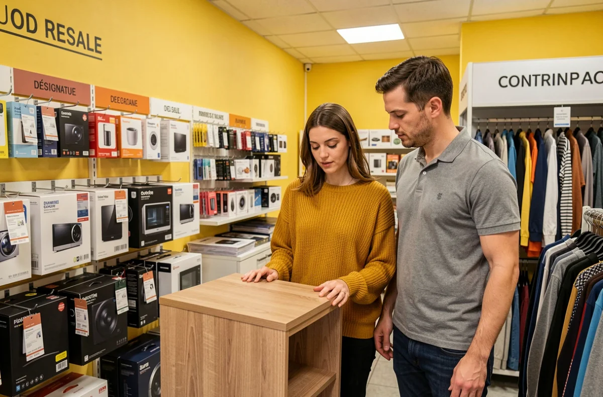 Intérieur du magasin Troc & Cash à Marsac-sur-l'Isle avec un couple inspectant des articles de dépôt-vente parmi des portants de vêtements