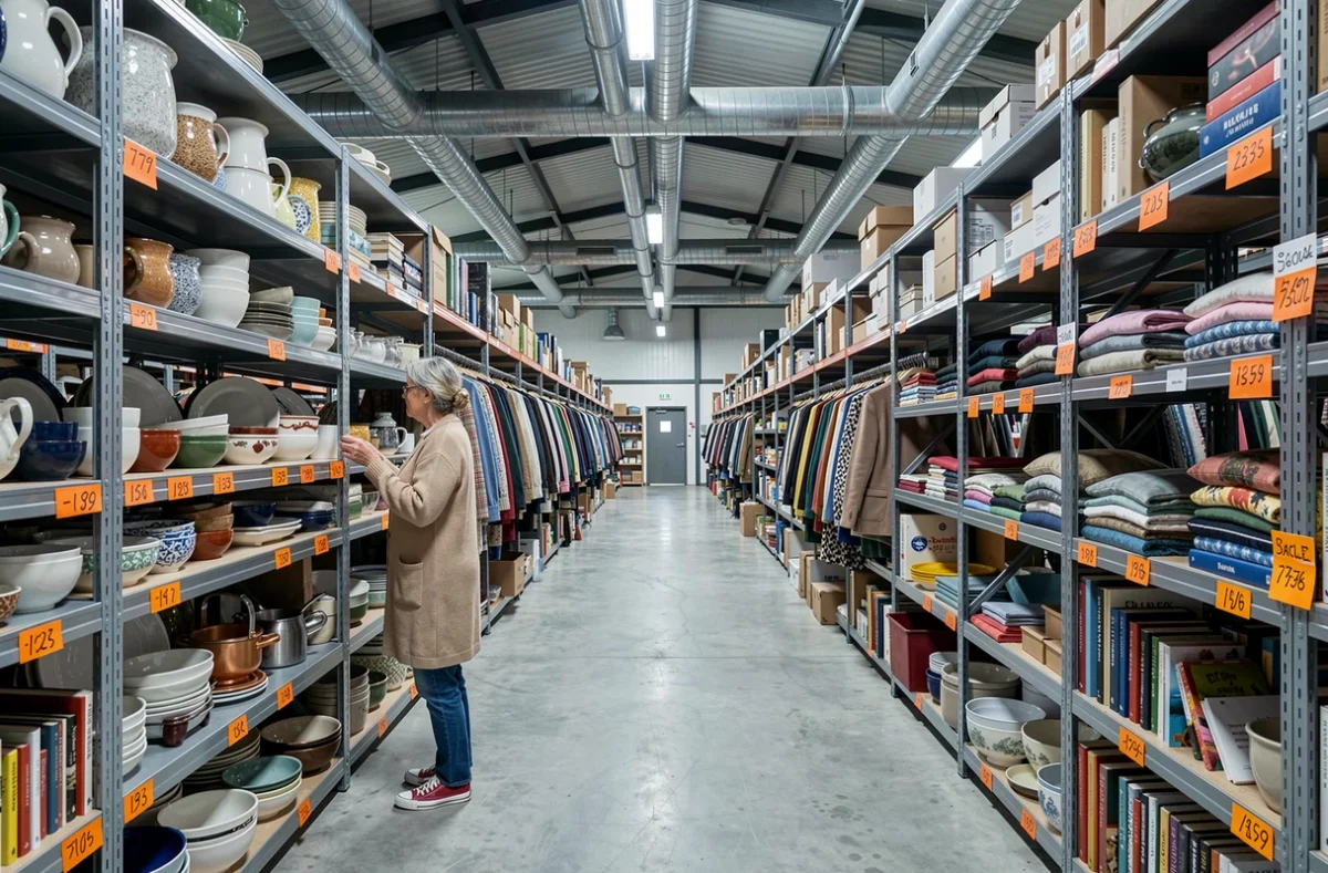 Grande salle de braderie permanente de La Troquerie 24 à Boulazac Isle Manoire avec des articles de seconde main sur des étagères métalliques