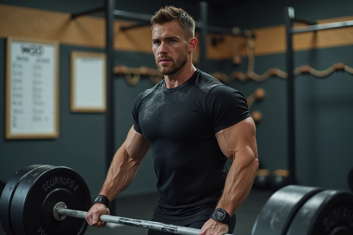 Homme en t-shirt crossfit manches courtes noir soulevant une barre chargée dans une salle de crossfit fonctionnelle