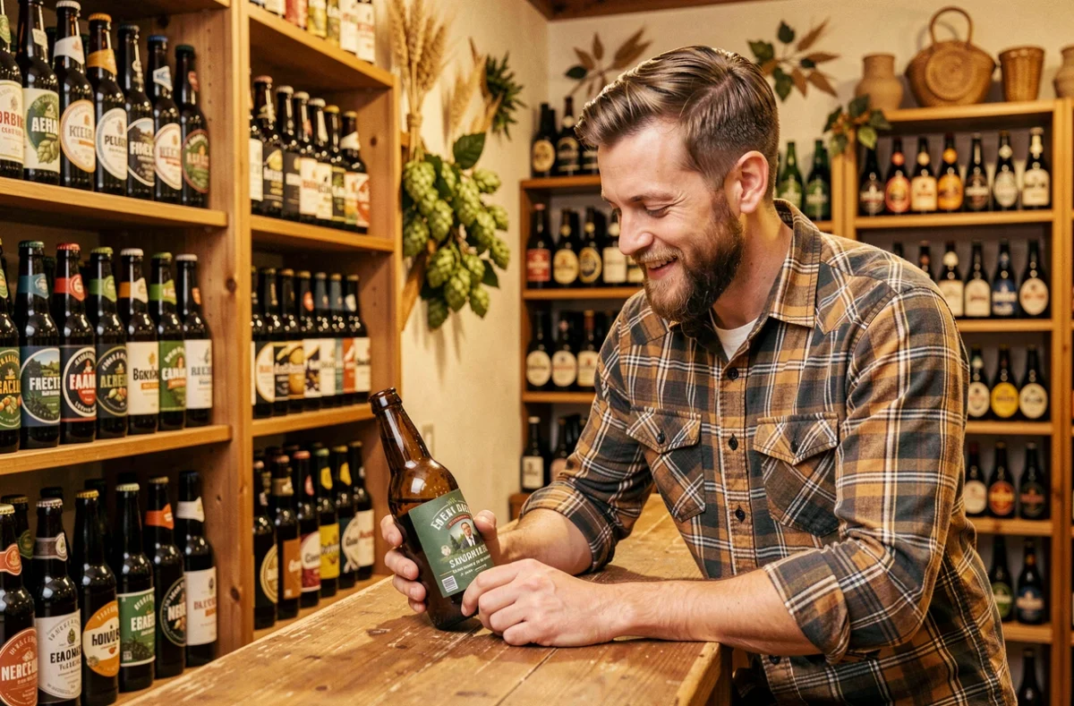 Intérieur du Veilleur de Bières avec ses rayons de bières artisanales et un client examinant une bouteille