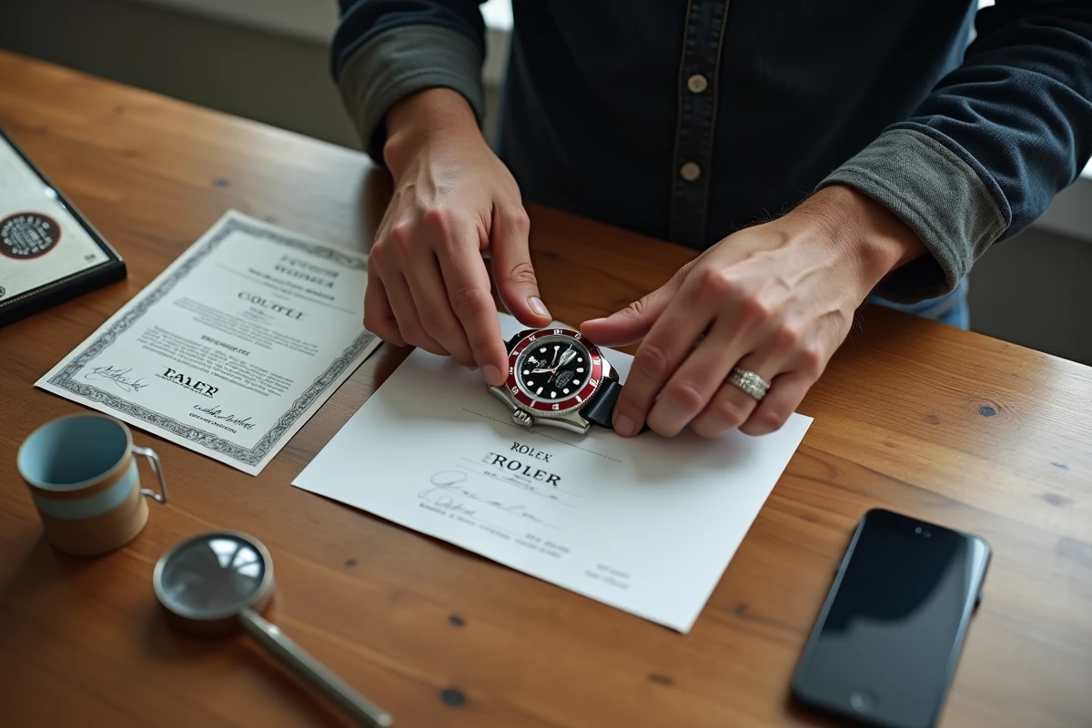 Gros plan de mains posant une Rolex Submariner vintage sur un certificat d'authenticité pour vérification avant achat