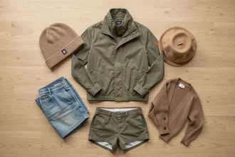 Flat lay de sept vêtements commençant par la lettre B disposés en cercle sur une surface en bois clair