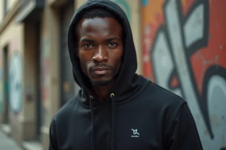 Portrait en gros plan d'un jeune artiste de rap français au regard magnétique dans un décor urbain parisien