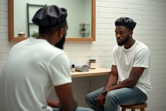 Jeune homme portant un wave cap satiné noir devant un miroir de salle de bain, entouré de produits de soin capillaire pour waves