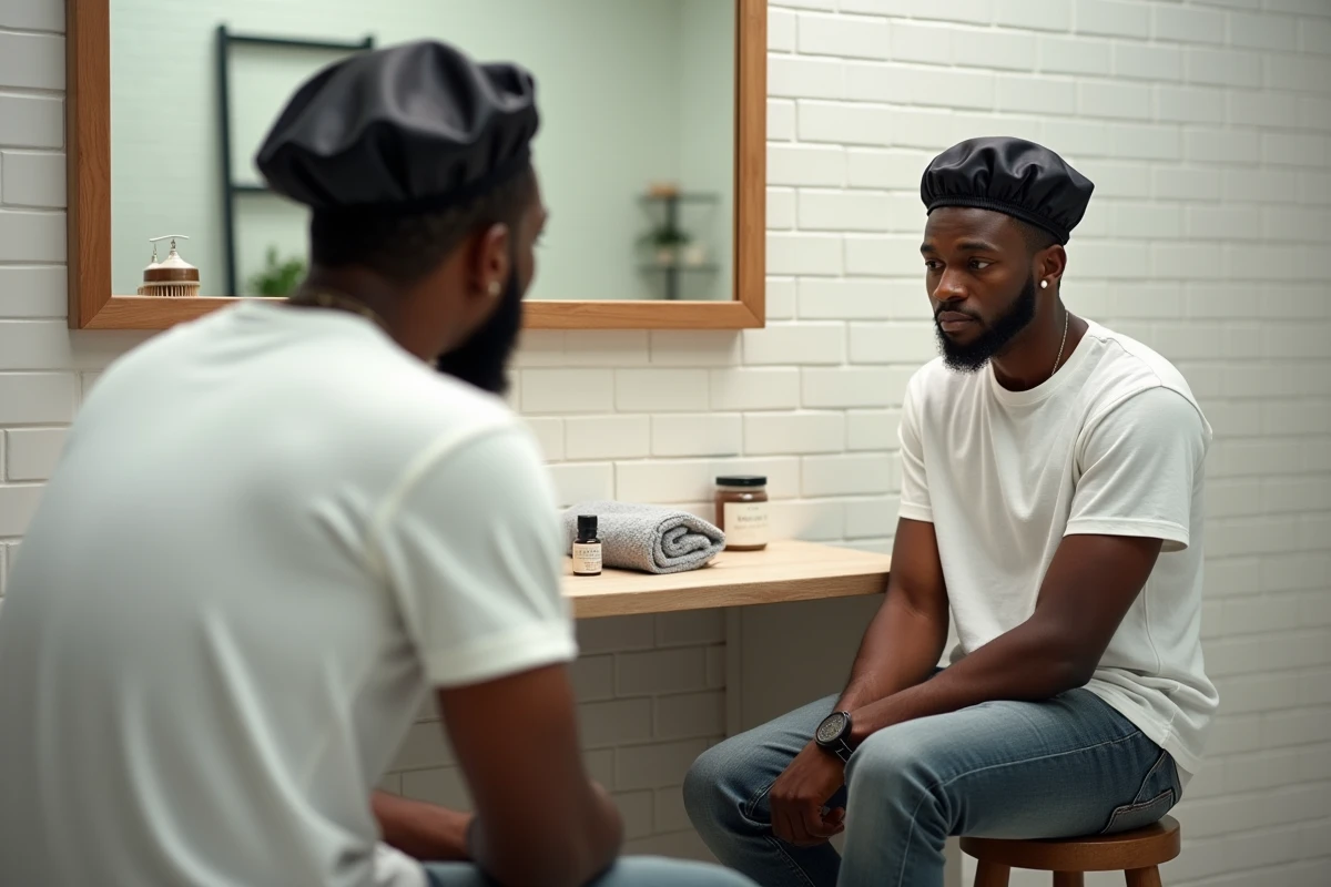 Jeune homme portant un wave cap satiné noir devant un miroir de salle de bain, entouré de produits de soin capillaire pour waves