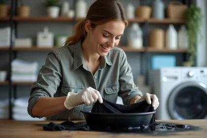 Femme teintant un tissu noir dans une salle de lavage